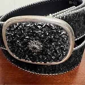 Statement belt black & silver glitter leather embellished buckle EUC OOAK Accessories | Statement Belt Black Silver Glitter Leather  main image 2